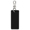 A black rectangle keychain with a metallic clip and ring, featuring a smooth finish and stitching details.