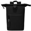 A black roll-top backpack with a front zip pocket and adjustable straps. It features a sturdy handle on top.