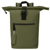 An olive green roll-top backpack with a front zip pocket and a detachable tag. It features a sturdy black clip closure.