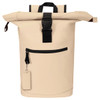 A beige roll-top backpack featuring a front zip pocket and a keychain attachment. It has a sturdy black strap.