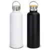 A drink bottle duo featuring a white and a black vacuum bottle, each with a stainless steel lid and a wooden handle.