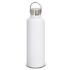 A drink bottle in matte white finish with a stainless steel cap and a carrying handle, featuring a logo.