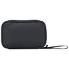 A black tech pouch with a zipper closure and a wrist strap, featuring a logo on the surface.
