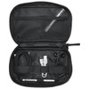 A black tech pouch with multiple compartments, containing cables, earphones, and a pen. It features a brand logo.