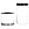 A insulated adjustable wine cooler in white with a black lid, featuring a stainless steel base. It has a logo.