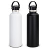 A drink bottle set featuring a matte white and a matte black vacuum bottle with carry lids. Both bottles have a sleek design.