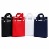 A set of four insulated reusable bags in black, red, white, and navy, each with two handles and a logo.