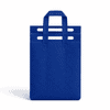 A blue insulated reusable bag with multiple handles and a smooth surface, featuring a logo.