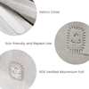 A close-up of a light grey fabric featuring Velcro closure, eco-friendly materials, and an aluminium foil pattern with a logo.