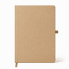 A tan A5 smart notebook with a ribbon bookmark and a subtle logo on the cover.