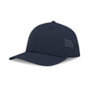 A navy blue cap with perforated side panels and a curved brim, featuring a prominent logo.
