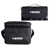 A black insulated cooler bag with a matching picnic blanket, featuring a logo on the front.