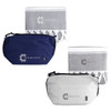 A navy and a grey cooler bag with a grey towel featuring a tasselled edge, both with a logo.
