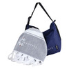 A grey and white towel with fringes is bundled with a navy blue cooler bag, featuring a logo on the towel.
