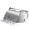 A grey and white towel with tassels alongside a grey cooler bag, both featuring a logo.