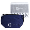 A navy cooler bag and a grey towel with tassels, both featuring a logo.
