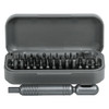 A grey 55 in 1 pocket screwdriver tool set with various screwdriver bits inside a matching case.