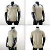 A beige polo shirt with navy blue accents, featuring a collar and a logo on the chest.