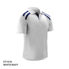 A white polo shirt with navy blue stripes on the shoulders and a branded logo.