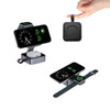A 15W magnetic wireless charging station in black, displaying a phone, AirPods, and a watch in a compact design.