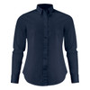 A women's Acton shirt in navy blue with a button-up front and long sleeves. It features a collar and has a logo.