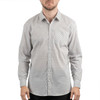 A man wearing a fitted, check-patterned shirt in shades of grey and white, featuring a button-up front and a single pocket.