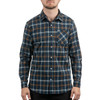 A checked shirt in navy, green, and brown tones featuring a chest pocket and a logo.