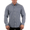 A fitted, navy and white checked shirt with a single chest pocket and button-up front. It features long sleeves and a collar.