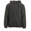 A 1/4 zip polar fleece hoodie in dark grey, featuring a hood and a front pocket. It has a logo.