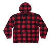 A red and black checked 1/4 zip polar fleece hoodie with a hood and front pocket. It features a logo.