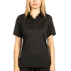 A black golf polo featuring a classic collar, short sleeves, and a subtle textured pattern, with a branding logo.