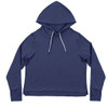 A navy blue crop hoodie with a drawstring and a hood, featuring a logo on the front.