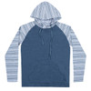A yarn-dyed long sleeve knit hoodie in blue with striped sleeves and a front pocket. It features a hood and drawstrings.