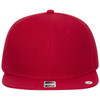 A red snapback cap featuring a flat brim and a logo on the side. The cap has a structured design and six panels.