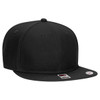 A black six-panel mid-profile snapback cap with a grey undervisor, featuring a branded logo.