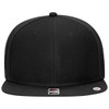 A snapback cap in solid black with a grey undervisor. Features stitching and a logo on the side.