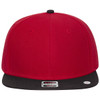 A red snapback cap with a black brim, featuring a branded logo on the front.