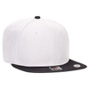 A snapback cap with a white crown and a black brim, featuring an underside in grey. Includes a logo on the side.