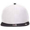 A snapback cap with a white upper and a black brim, featuring ventilation holes and a logo.