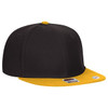 A black snapback cap with a yellow peak and a logo on the side. Features a six-panel design.