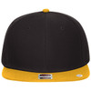 A snapback cap featuring a black crown and a golden visor, complete with a logo on the front.