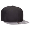 A snapback cap in dark grey with a grey undervisor, featuring a logo on the front.