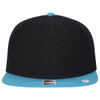 A black snapback cap with a blue visor and an interior grey undervisor, featuring a logo.