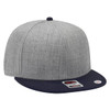 A grey mid-profile snapback cap featuring a navy peak and a logo on the side.