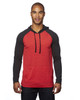 A Yarn-Dyed Long Sleeve Knit Hoodie in red with grey sleeves, featuring a front pocket and a drawstring hood.