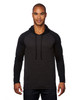 A dark grey and black yarn-dyed long sleeve knit hoodie with a hood and a logo displayed.