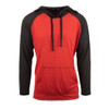 A yarn-dyed long sleeve knit hoodie in red and black, featuring a front pocket and a drawstring hood.