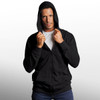 A black full zip hoodie made from enzyme washed French terry, featuring a hood and a front zip closure.