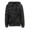 A black camo full zip hoodie with a front pocket and a hood. The garment features a logo on it.