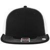 A black and white 6-panel mid-profile trucker cap featuring a snapback design and a grey undervisor.